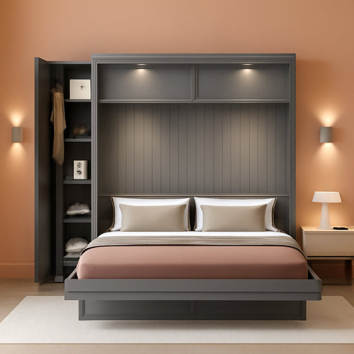 Queen Size Murphy Bed Wall Bed with Shelves, Drawers and LED Lights,Gray