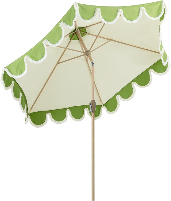 9Ft Scalloped Patio Umbrellas with Fringe, Market Umbrellas with Water-Resistant and Fade Resistant Canopy, 1.5" Wood Pole & Button Tilt,Green Beige Spliced