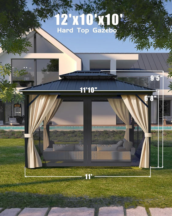 10 Ft X12 Ft Hardtop Gazebo for All Weather, with Double Metal Roof, Aluminum Alloy Frame, Net, and Curtain, Permanent Building for Patio, Deck, Backyard, Lawn, and Garden