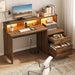 55 Inch Wood Computer Desk with Lockable File Drawer, Charging Station & LED Lights - Home Office Desk with Storage Shelves, Printer Shelf & Monitor Stand, Wooden Desk for Study & Work, Walnut