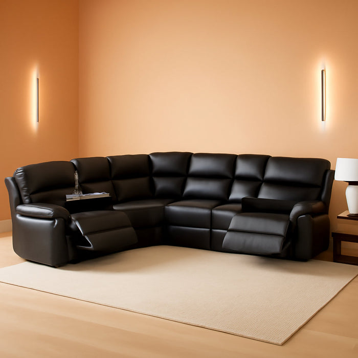 Manual Recliner Sectional Sofa Set, Bonded Leather L-Shaped Living Room Furniture Sets, Reclining Corner Couch with Drop-Down Table/Storage Console/Cup Holders for Home Office (Black, Sectional)