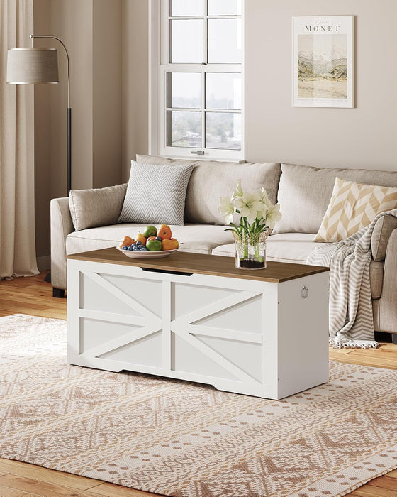 Storage Chest, 43.3" Toy Chest Storage, Farmhouse Storage Bench with Safety Hinge, Storage Trunk, for Bedroom, Living Room, Walnut and White MCW11WL