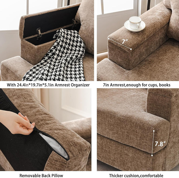 Oversized Brown Armchair With Armrest Organizer Cushion