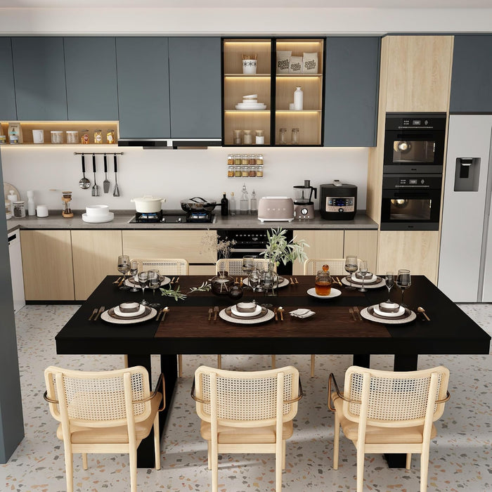 86.6" W Dining Table for 8-10 People, Versatile Modern Wooden Dinner Table Kitchen Table for Dining Room Conference Room, Black & Brown