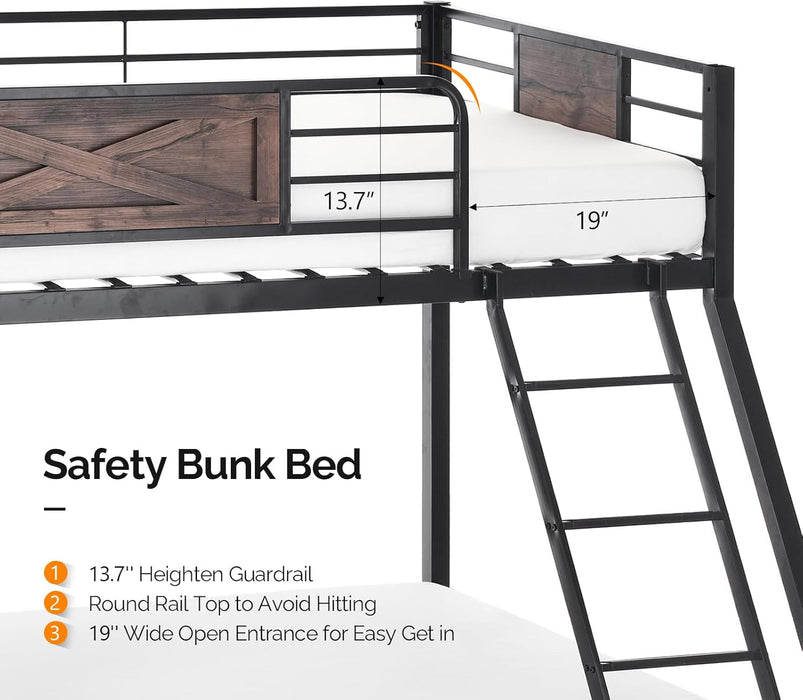 Bunk Bed Twin over Full Size with 2 Storage Drawers/Flat Rungs/Inclined Ladder, Heavy Duty Metal Slat Support, No Box Spring Needed, Black/Industrial Brown