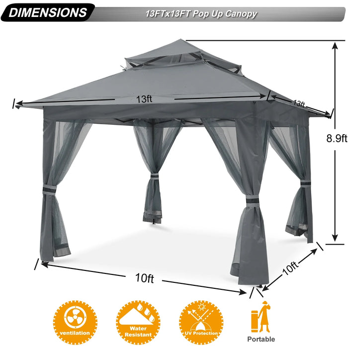 13'X13' Gazebo Tent Outdoor Pop up Gazebo Canopy Shelter with Mosquito Netting, Gray