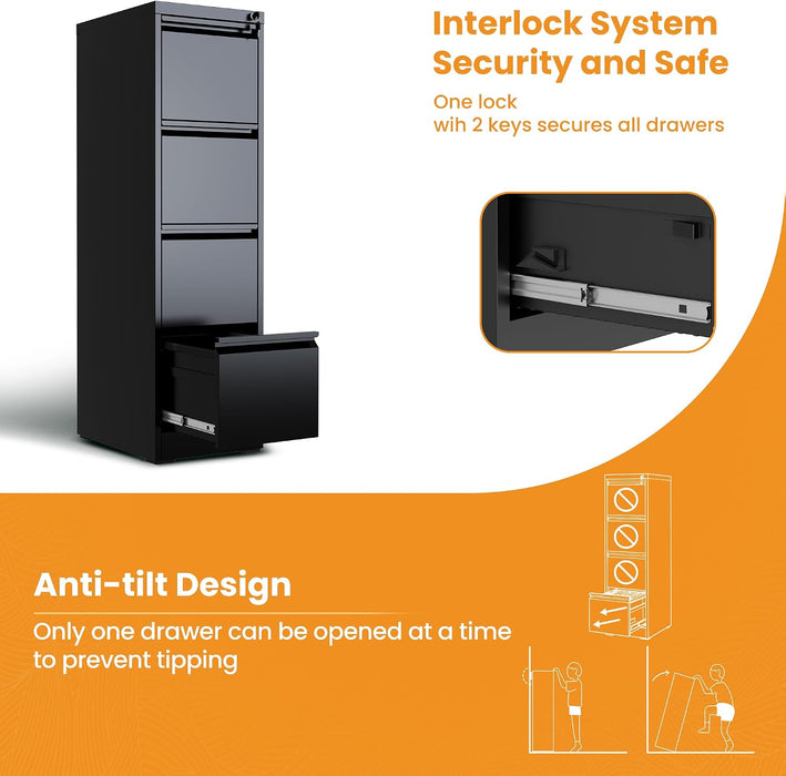 4 Drawer File Cabinet, Lockable Metal Vertical File Cabinet for Home Office