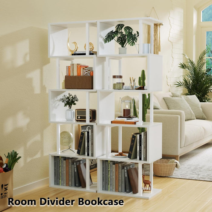 White Geometric Bookshelf 6 Tier S-Shaped Bookcase, Tall Modern Display Storage Shelf, Metal and Wood Decorative Freestanding Room Divider Shelves for Bedroom, Living Room, Office