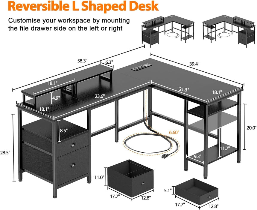 FiftyNineInch LShaped Desk With Black StorageDrawers Unit