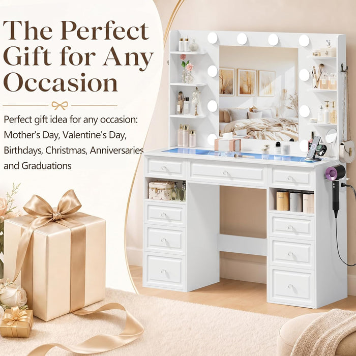 Vanity Desk With GlassTop Illuminated Mirror Drawers
