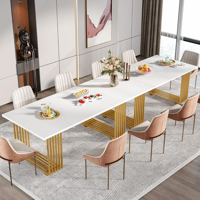 Modern Dining Table for 6-8 People, 70.8 Inches Long White Room Kitchen, Wood Kitchen with Gold Metal Legs, Rectangular Dinner Room, Family Gathering