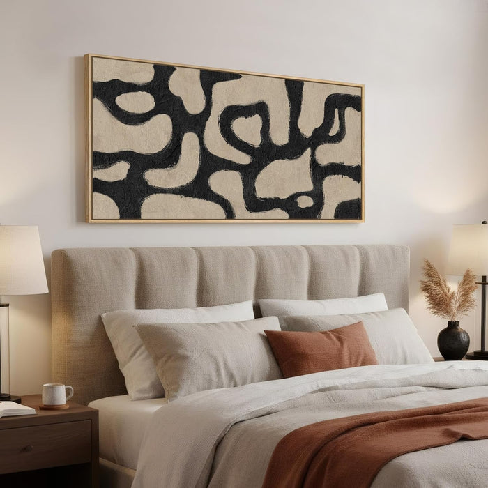 Framed Neutral Horizontal Abstract Wall Art for Living Room, Extra Large Black and Beige Modern Painting Print, Mid Century Canvas Artwork for Dining Room Bedroom Hallway Office Walls Decor, 30X60 Inch