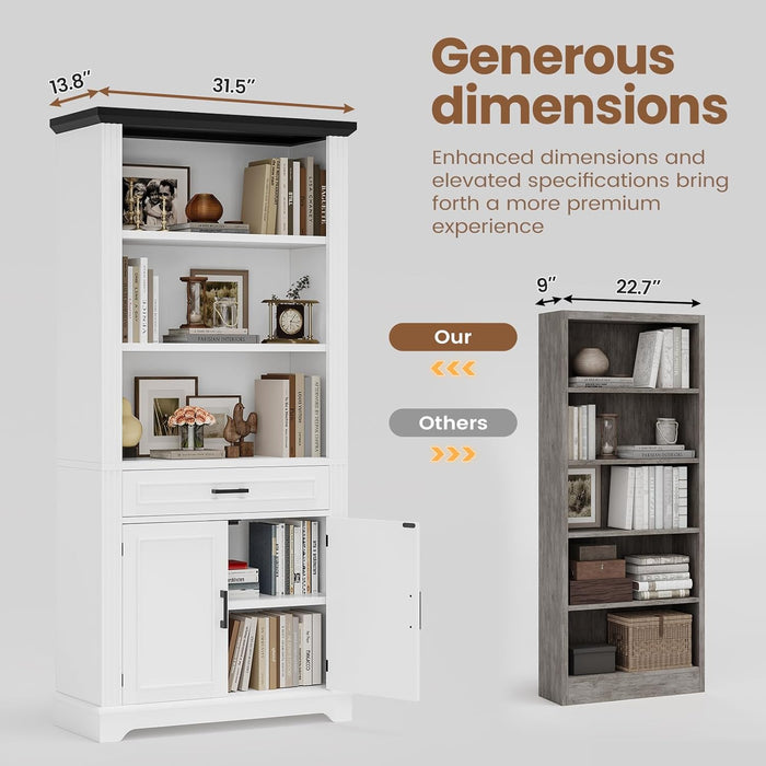 Farmhouse Bookshelves and Bookcases with Doors and Drawer, Bookshelf with Storage, Floor Standing 6 Shelf Display Storage Shelves 70 in Tall Bookshelf for Home Office, Living Room, White