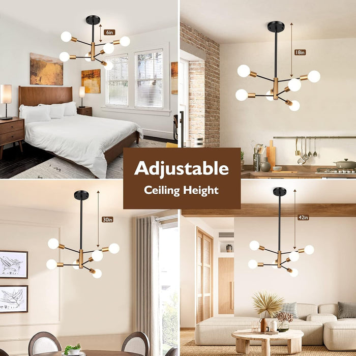 6-Light Sputnik Chandelier, Black and Gold Chandeliers Pendant Lighting, Modern Farmhouse Dinning Room Light Fixture Mid Century Brass, Height Adjustable for Living Room Bedroom Kitchen Island
