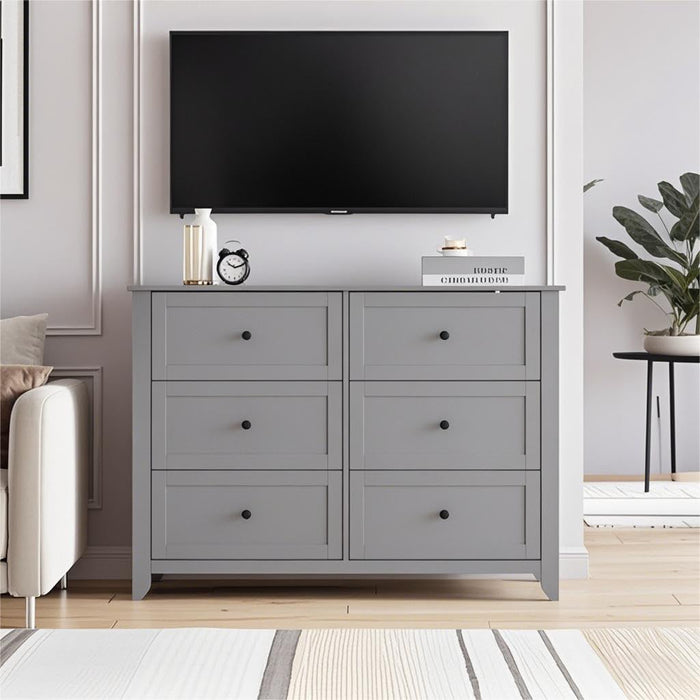 Grey 6 Drawer Dresser for Bedroom, Simply Modern Chest of Drawers, Wood Storage Double Dresser with Deep Drawers for Living Room, Hallway Entryway