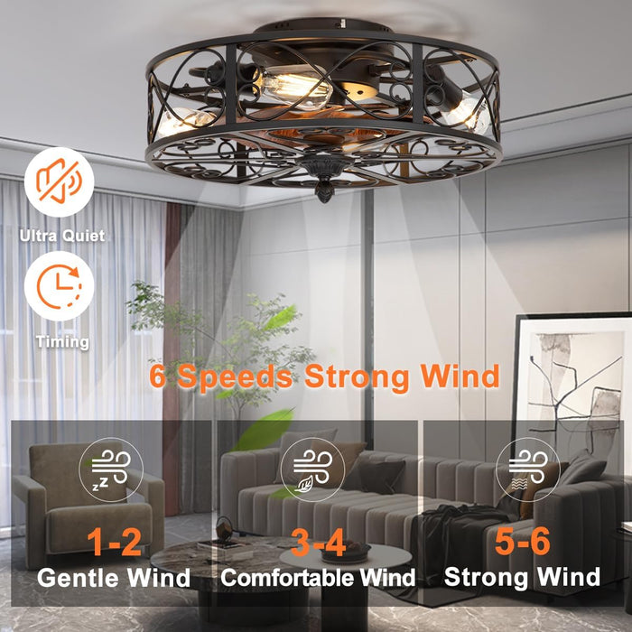 Caged Flush Mount Ceiling Fan with Lights, Farmhouse Rustic Bladeless Ceiling Fans with Lights and Remote, Low Profile Small Enclosed Ceiling Fan with Light for Bedroom, Kitchen, Black