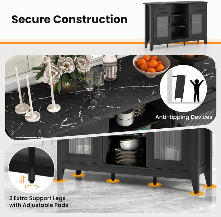 Sideboard Buffet Cabinet with 2 Drawers, Kitchen Storage Cabinet W/2 Doors, Open Compartments, Shelves, Faux Marble Top, Modern Furniture for Living Room, Coffee Bar, Entryway (Black)
