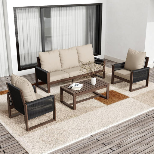 4 Piece Patio Furniture Set, Wooden Outdoor Furniture Conversation Set with Coffee Table, Modern PE Wicker Patio Chairs Conversation Sets with Sofa for Garden, Terrace, Porch, Balconies, Lawns