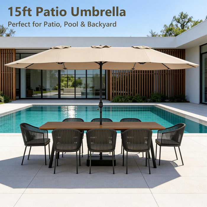 15FT Patio Umbrella, Double-Sided Outdoor Umbrella with Base Included, Large Standing Umbrella with Crank Handle & Ventilation, Rectangular Patio Umbrella for Pool, Backyard, Deck, Lawn & Beach