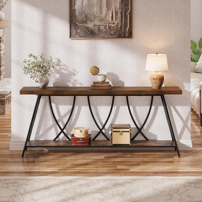 70.9" Narrow Console Table for Entryway, Industrial Long Sofa Table behind Couch, Farmhouse Hallway Table with Storage for Living Room, Entrance, Foyer, Rustic Brown