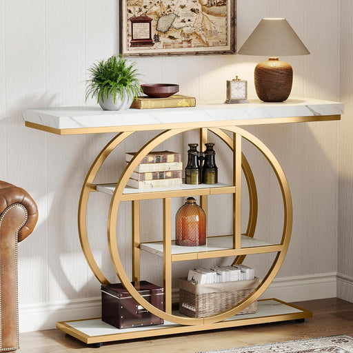 41.3" Console Table, Industrial 4-Tier Sofa Entryway Table with Circle Base, Narrow Wood Accent Tables with Storage Shelves for Living Room, Hallway, Foyer, White Gold