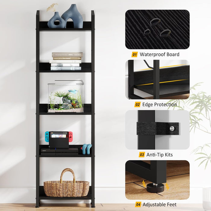 5 Tier Narrow Bookshelf: Tall Bookcase Shelf with Edge Protection, Industrial Modern Bookshelves for Bedroom Living Room Home Office (Black)