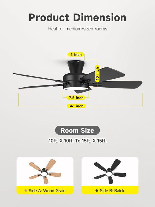 Ceiling Fans with Lights and Remote, 46 Inch Low Profile Ceiling Fan with Light, Flush Mount, Reversible, 3CCT, Dimmable Black Modern Ceiling Fan for Bedroom, Living Room, Outdoor Patio