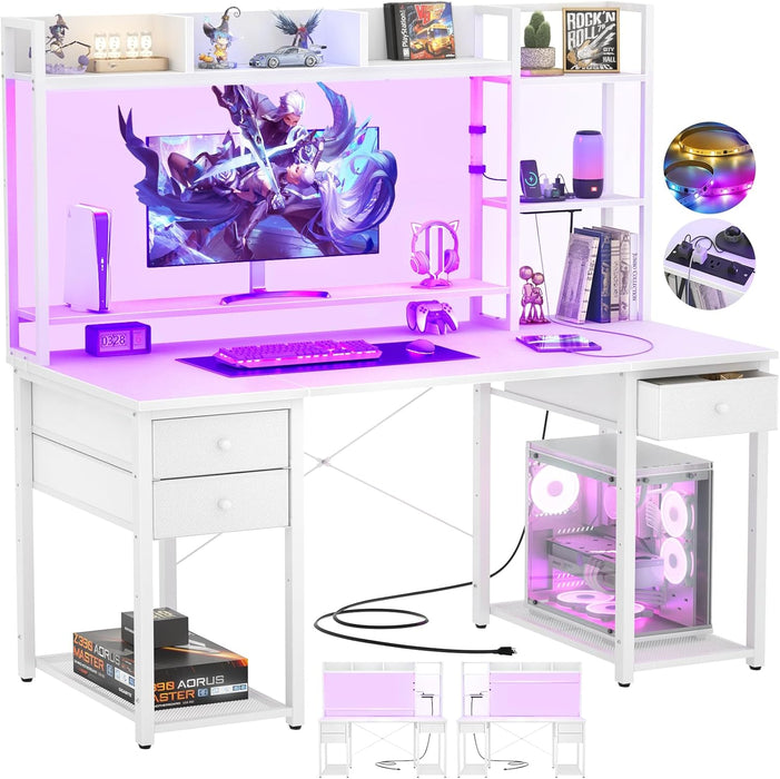 Desk with LED and Outlets, Gaming Desk with Hutch, 47.2'' Computer Desk with Drawers, Reversible Office Desk with Storage Bookshelf Large Workstation Desk with Shelf, Desk for Home, White