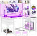 Desk with LED and Outlets, Gaming Desk with Hutch, 47.2'' Computer Desk with Drawers, Reversible Office Desk with Storage Bookshelf Large Workstation Desk with Shelf, Desk for Home, White