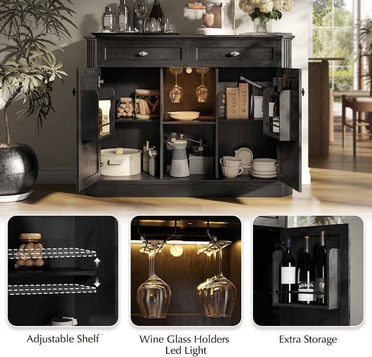 47" Wine Bar Cabinet with LED Light & Power Outlets, 2 Door Coffee Bar Cabinet with 2 Drawers, Sideboard Buffet Cabinet with Storage, Liquor Cabinet for Home Bar, Kitchen Living Room, Black