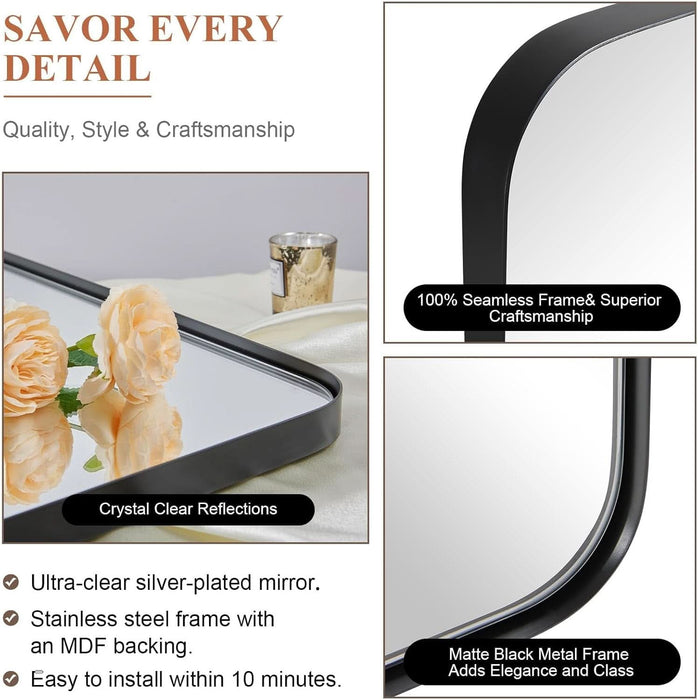 Wall Mirror for Bathroom, 30X36 Matte Black Bathroom Mirror, Modern Stainless Steel Metal Frame Rounded Corner Rectangle Mirror for Vanity