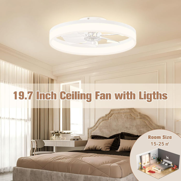 Low Profile Ceiling Fans with Lights and Remote, 19.7In Fandelier Ceiling Fan Flush Mount, 3000K-6500K Smart Bladeless LED Fan Light, White Modern Ceiling Fans with Lights for Bedroom