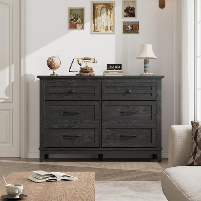 6 Dresser for Bedroom, 47 in Wide Drawer Dresser with Storage Freestanding, Wooden Closet Storage Chest for Living Room, Bedroom, Entryway, Dark Black