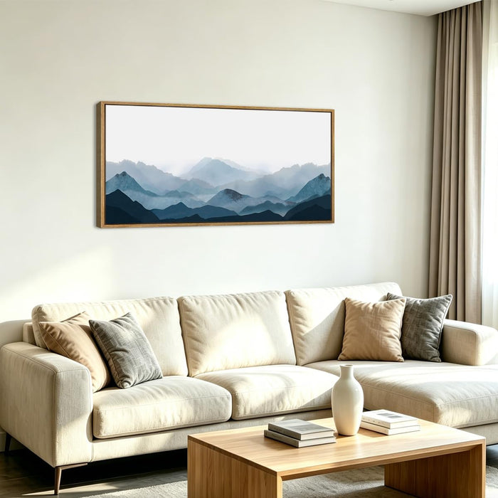 Blue Framed Mountain Landscape Wall Art Fog Mountain Painting Wall Decor Minimalist Blue Artwork Blue Mountains Wall Paintings Simple Landscape Wall Pictures for Bedroom Living Room Office Home Decor 20X40 Inch