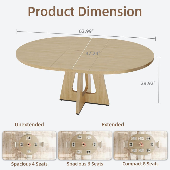 47"-63" Extendable round Dining Table for 4-8 (Tableonly)Naturalwood | Oval Dinner Table with Wooden Cross Pedestal Base, Farmhouse Kitchen Circle Furniture for Dining Room, Living Room, Kitchen