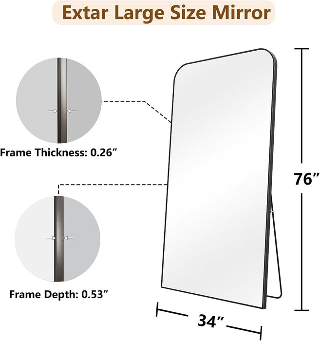 Full Length Mirror, 76"X34" Mirror Full Length with Stand, Black Domed Top Square-Edged Floor Mirror with Aluminum Alloy Frame for Bedroom Living Room