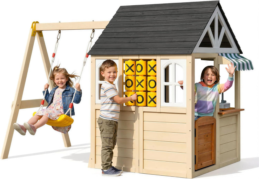 Natural Cedar Outdoor Playhouse With Swing TicTacToe