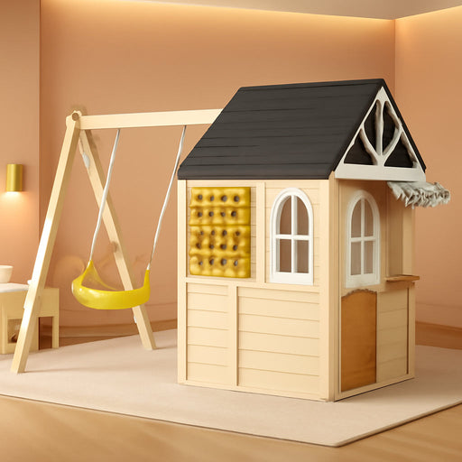 Natural Cedar Outdoor Playhouse With Swing TicTacToe