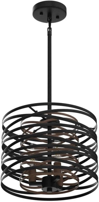 12.6'' Farmhouse Chandeliers for Dining Room, 3-Light Industrial Metal Hanging Light Fixture, Rustic Drum Pendant Light for Entryway Kitchen Foyer Bedroom, Black with Retro Wood Texture Interior