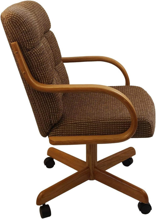 Casual Rolling Caster Dining Chair with Swivel Tilt in Oak Wood with Caramel Fabric Seat and Back (1 Chair)