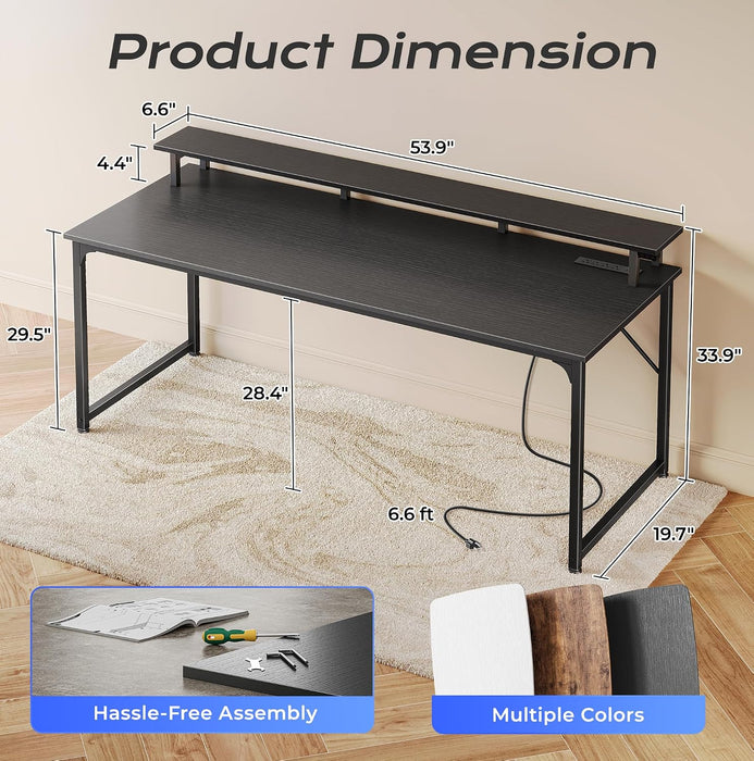 55 Inch Gaming Desk, LED & Power Outlets, Monitor Stand, Black