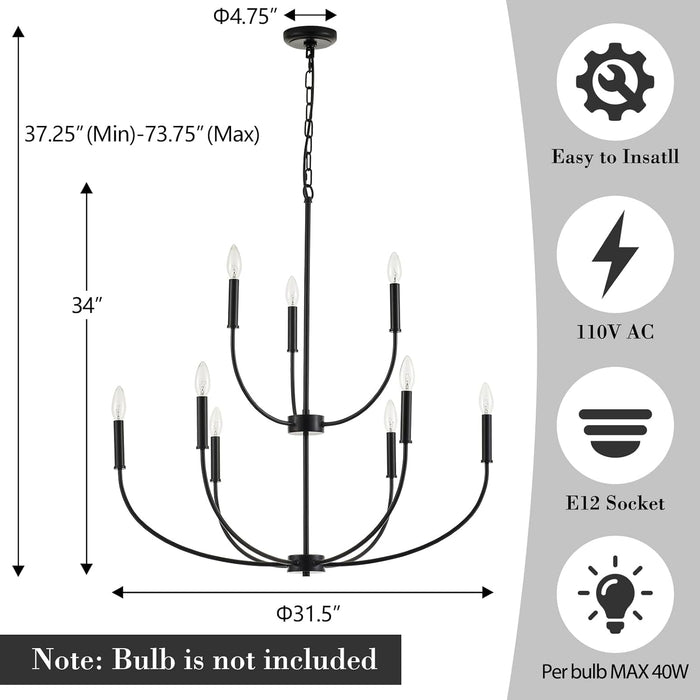 9-Light Black Chandelier for Entryway, Modern Farmhouse Dining Room Light Fixture, Industrial Candle Pendant Light for Foyer Stairway Living Room