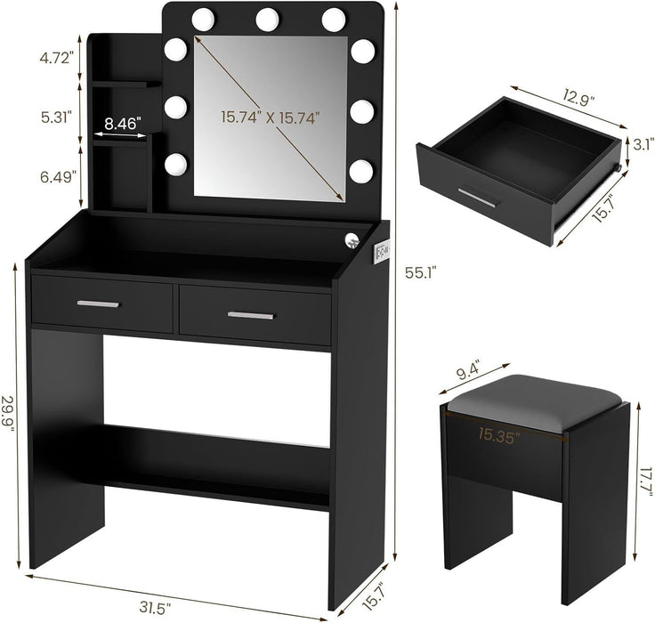 Black Vanity Table Set with Mirror – Dimmable LED Lights, Built-In Power Outlet, 7 & 2 Storage Drawers, Cushioned Stool, Adjustable Light Color, Hairdryer Holder – Bedroom, Black