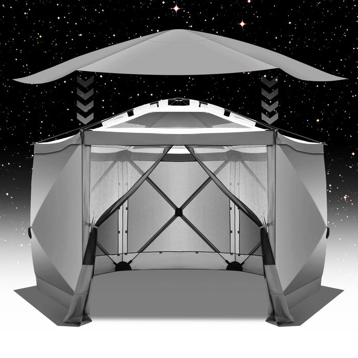 12X12Ft Camping Outdoor Gazebo, 6 Sided Pop-Up Gazebo Canopy with Mesh Windows, Portable Carry Bag, Waterproof, UV 50+, Large Shade Tents for Outdoor Camping, Backyard, Gray