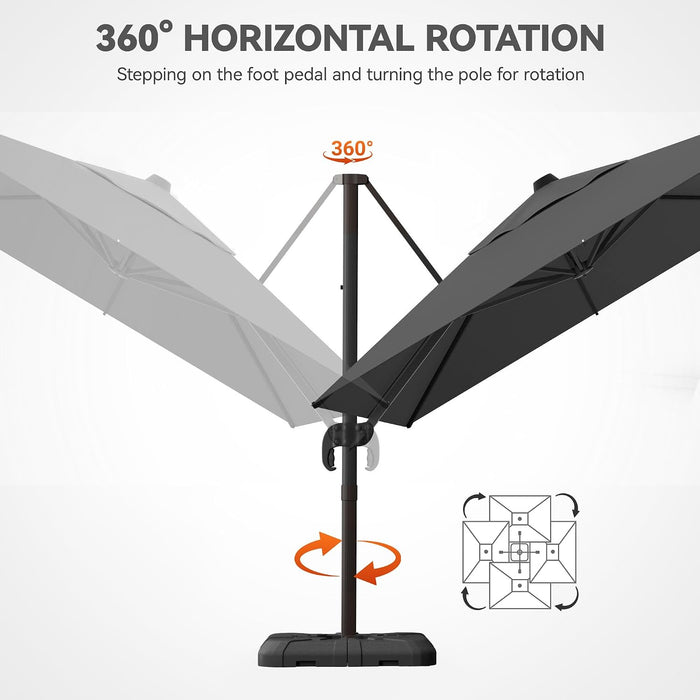 9X12Ft Cantilever Patio Umbrella, Rectangle Offset Umbrella 7 Angle Tilts & 360° Rotation, Large Heavy Duty Outdoor Sun Umbrella for Pool Market, Grey