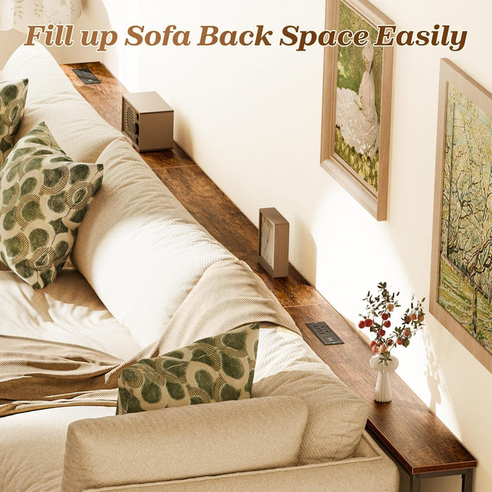 110.2 Inch Sofa Table with 2 Power Outlets and USB-C Port, 5.9 Inch Narrow Console Table with Storage, Extra-Long, for Entryway Hallway Couch behind Sofa, Small Spaces, Rustic Brown