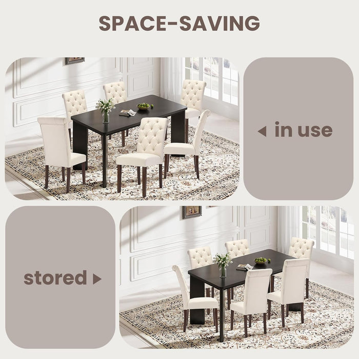 7-Piece Rectangular Dining Table Set for 6, 63" Industrial Kitchen Table with 6 Tufted Parsons Dinner Chairs for Dining Room, Kitchen, Living Room, Black+Beige
