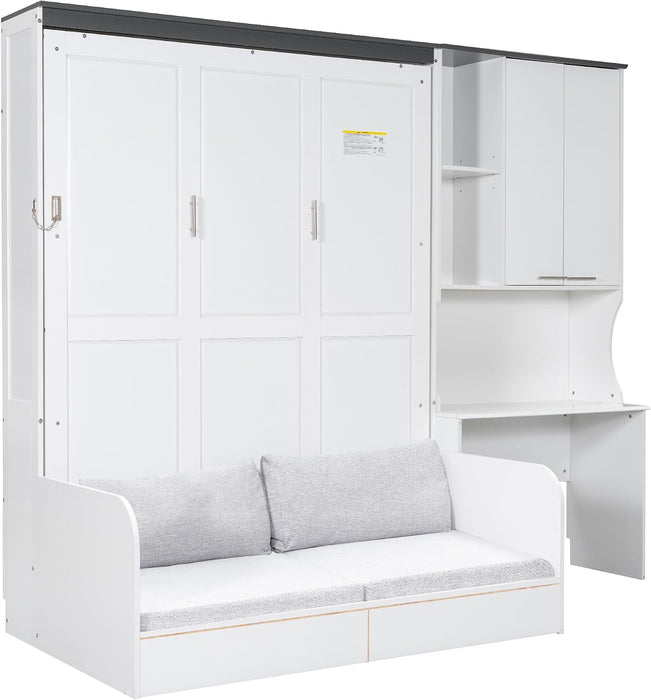 Queen Murphy Bed With Sofa Desk Storage WhiteGlossFinish