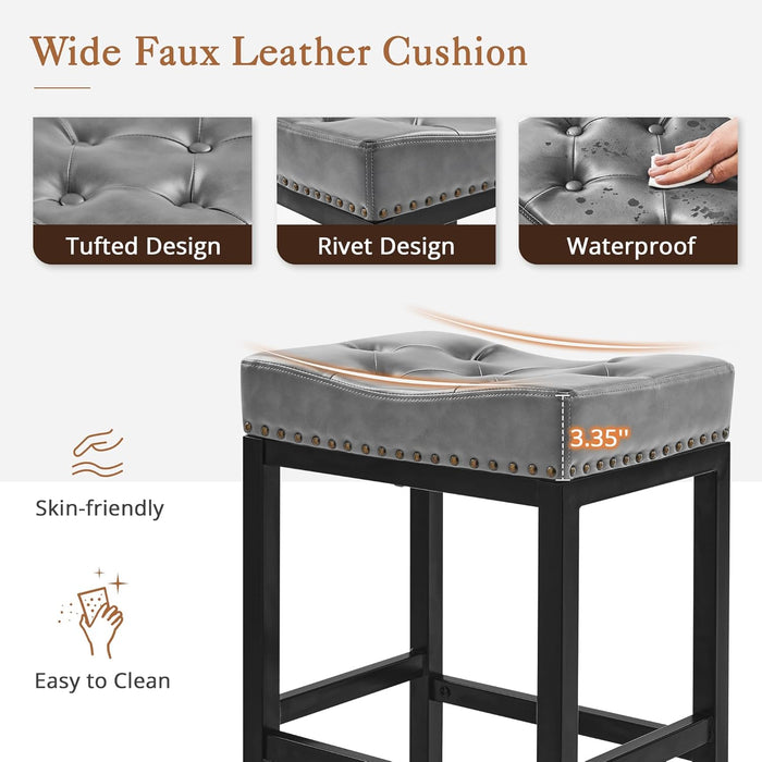 Bar Stools Set of 2, 24 Inch Saddle Backless Faux Leather Counter Height Stools with Black Metal Legs, Dark Gray