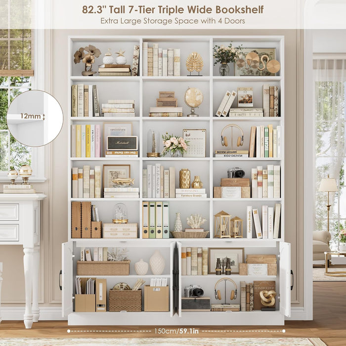 82.3" Triple Wide Bookshelf, Tall Bookcase with 4 Doors, White